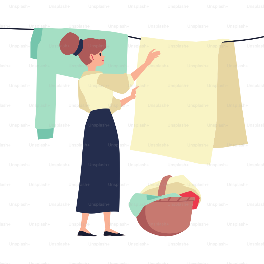 Woman hanging clean clothing on rope after laundry, flat vector illustration isolated on white background. Woman engaged with laundry and household chores.