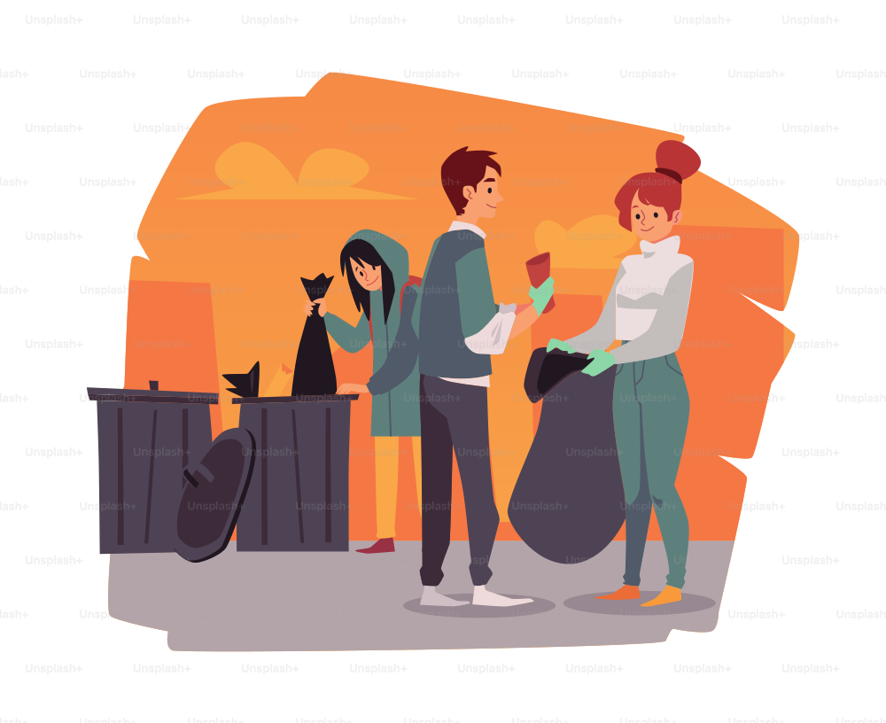 Decorative banner with young volunteering people collecting garbage and wastes from city streets, flat vector illustration isolated on white background.