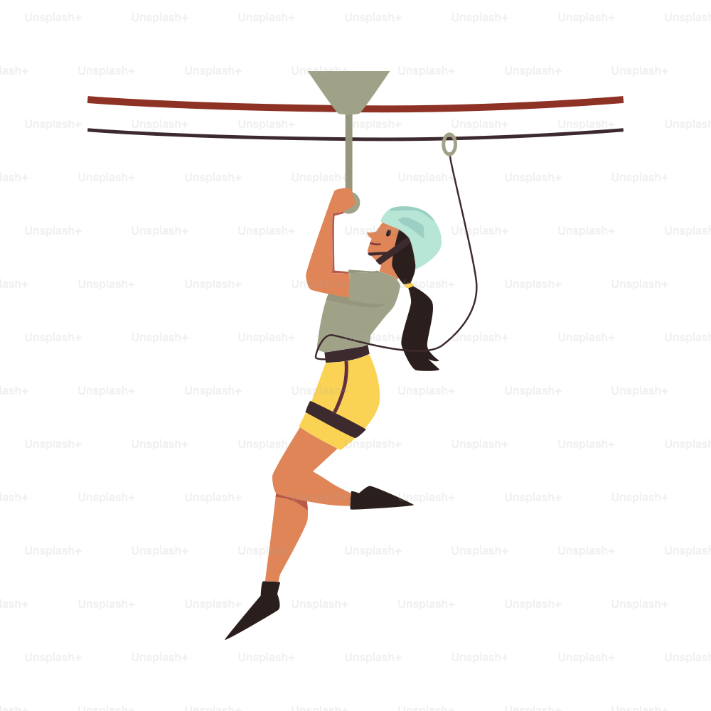 Woman overgoing zipline part of rope park attraction, flat vector illustration isolated on white background. Rope park extreme sport and entertaining activity.