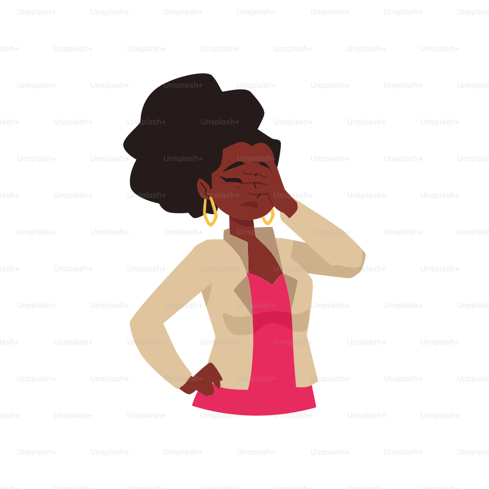 Donna afroamericana sotto stress che si sente stanca o confusa con un improvviso fallimento, illustrazione vettoriale piatta isolata su sfondo bianco. Gesto di vergogna o confusione.