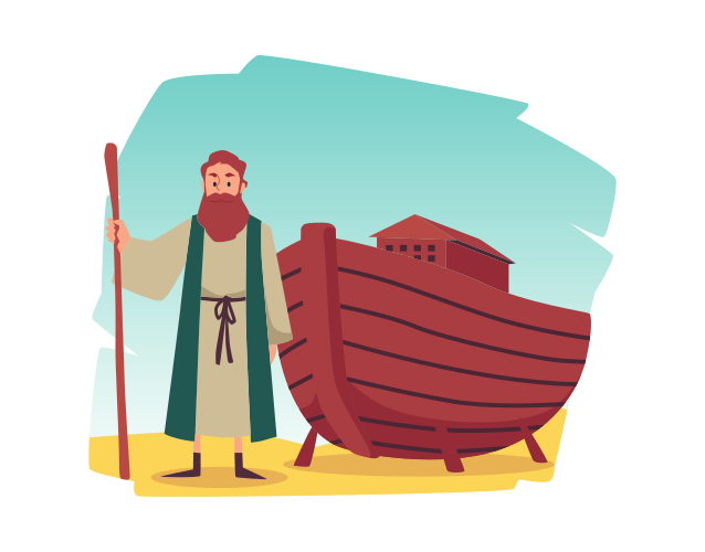 Biblische Episode von Noahs Arche in flacher Vektorillustration isoliert. Männliche Figur steht neben dem gebauten Schiff. Biblischer Ursprung der Flut, Szene der alttestamentlichen Erzählung oder hebräischer Bibel, Tora.