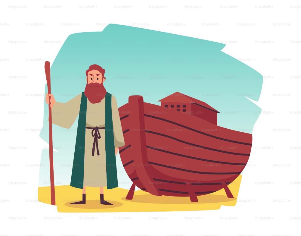 平らなベクターイラストのノアの箱舟の聖書のエピソード。男性キャラクターは建造された船の隣に立っています。洪水の聖書の起源、旧約聖書の物語またはヘブライ語聖書の場面、トーラー。