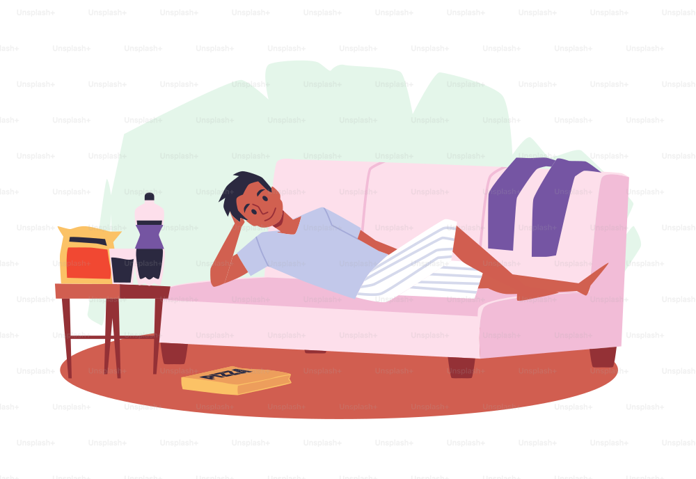 Young male lay on the couch eating junk food pizza, chips and drink soda. Man has his lazy rest time on sofa, messy clothes around his home cartoon vector illustration.