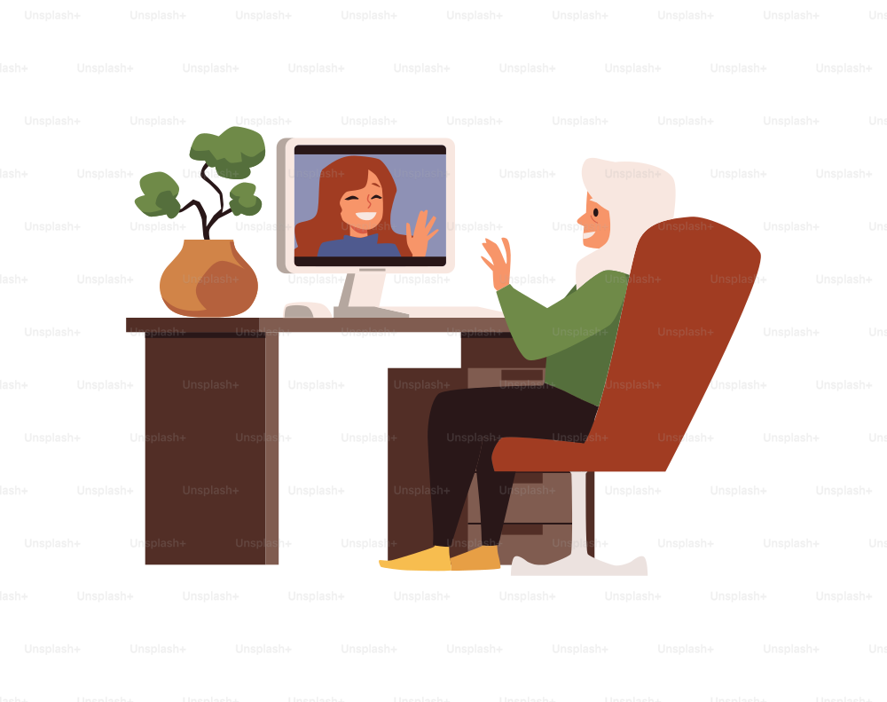 Anciana se comunica utilizando una red informática, ilustración vectorial plana aislada sobre fondo blanco. Tecnologías informáticas y comunicaciones en red para personas mayores.