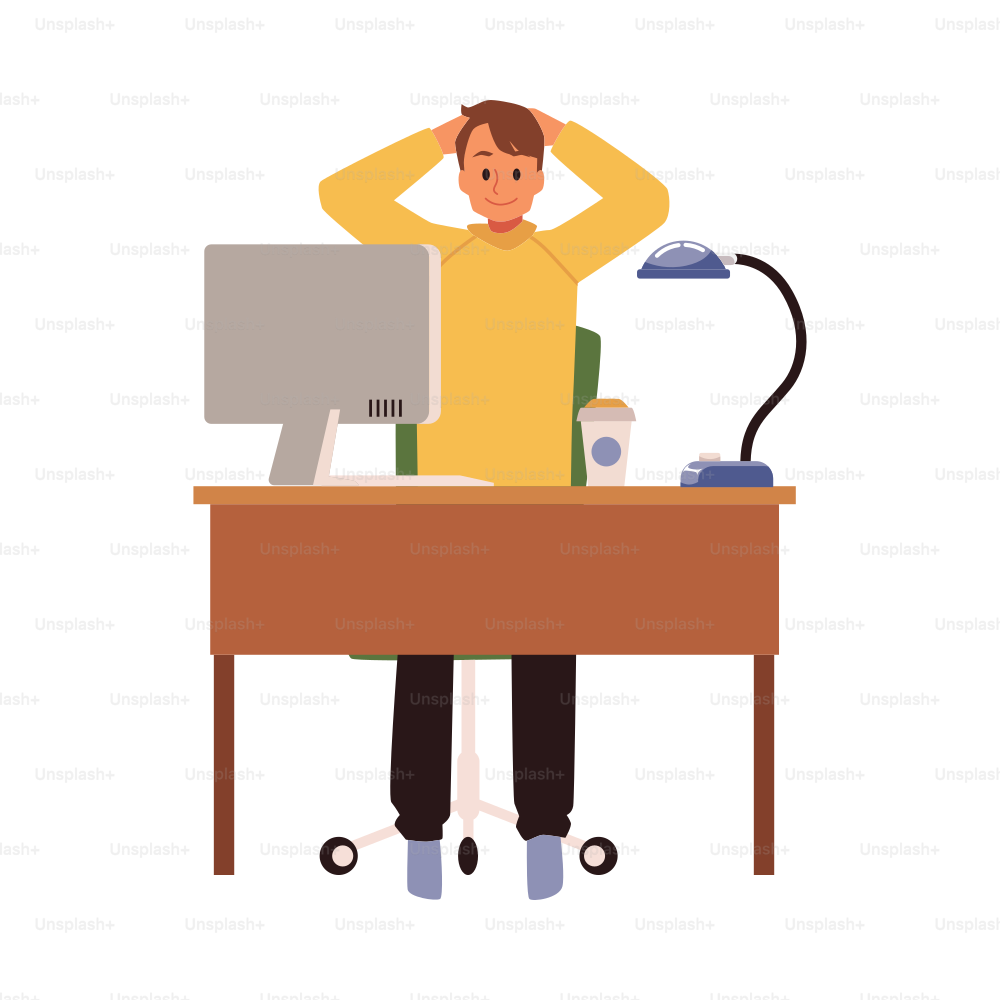 Office worker sits at desk with computer and stretches neck - flat vector illustration isolated on white background. Happy man doing sports in workplace. Concept of health and office workout.