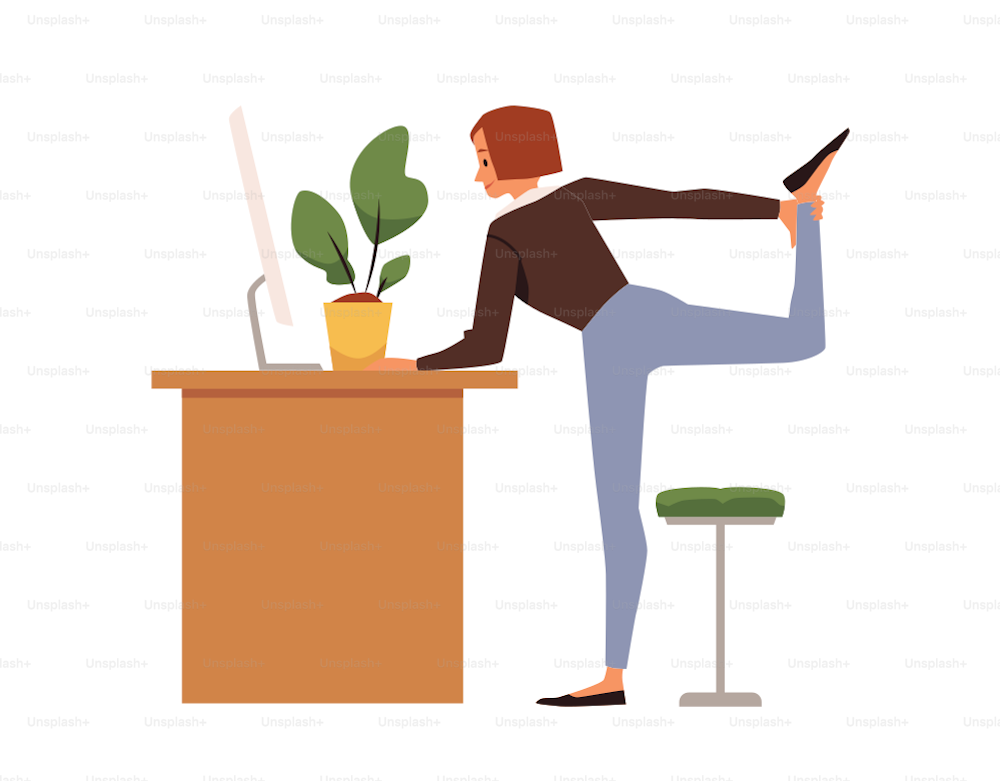 Woman stretches her leg in front of the computer - flat vector illustration isolated on white background. Concept of sport break during office work.