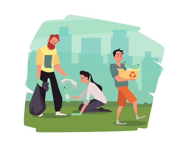 Cityscape or street backdrop with people volunteers collecting garbage, flat vector illustration isolated on white background. Volunteering eco environment saving.