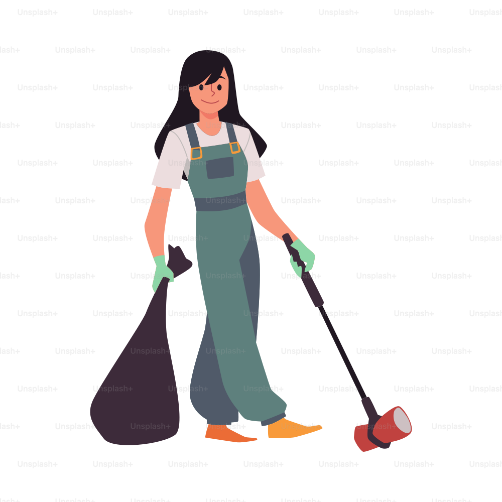 白い背景にゴミを袋に入れるボランティアの女性、平らなベクターイラスト。廃棄物の分別と環境保全活動家の女性キャラクター。