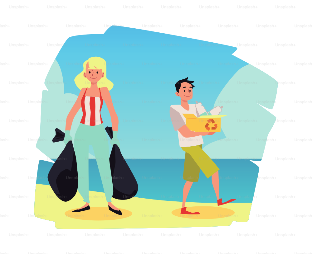 Environment conservation and coastal cleanup concept of banner people on beach collecting trash into bag, flat vector illustration isolated on white background.