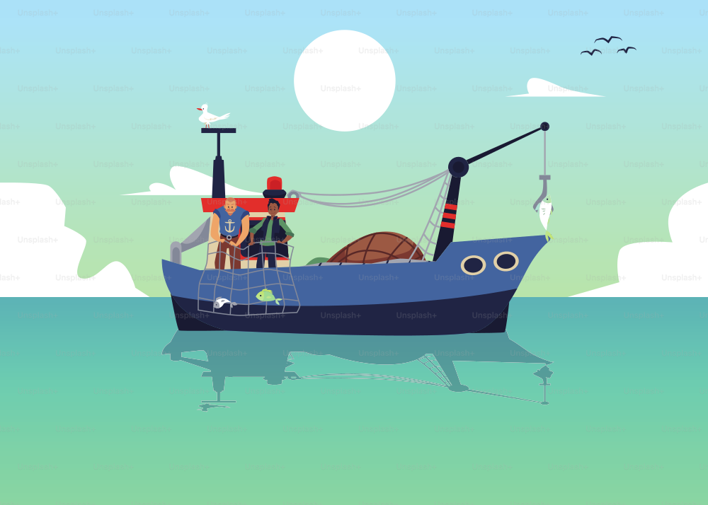 Seascape with fishermen trawling fish with net, flat vector illustration. Background with fishers characters fishing in the sea from trawler ship or boat.