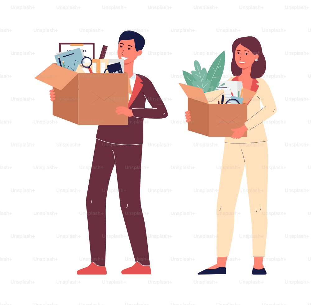 Company workers holding boxes with office supplies and stationery, flat vector illustration isolated on white background. Company or office moving and relocation.