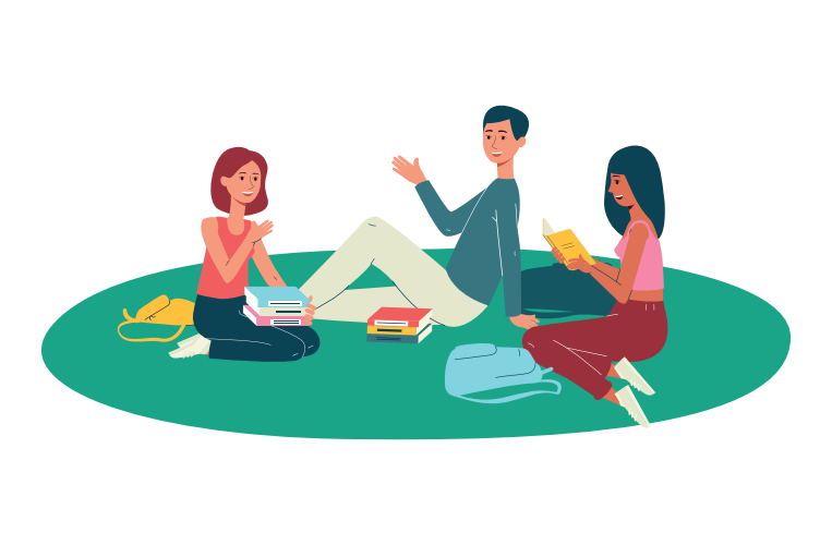 Students college or university or school pupils with textbooks sitting on grass lawn. People rest, reading books, study or communicate. Flat vector illustration isolated on white