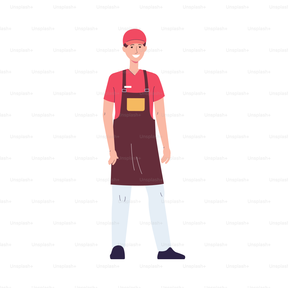 Lavoratore maschio di fast food. Giovane sorridente in uniforme rossa e grembiule, personale di servizio. Illustrazione vettoriale piatta isolata su sfondo bianco.