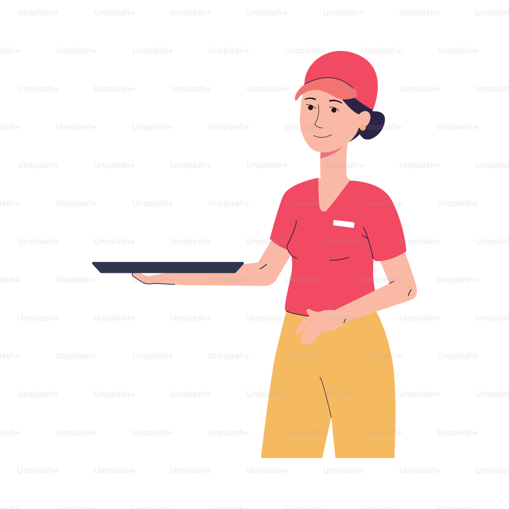Portrait of female character worker of fast food restaurant with tray on her hand. Service staff, smiling girl in red t-shirt. Flat vector illustration isolated on white background