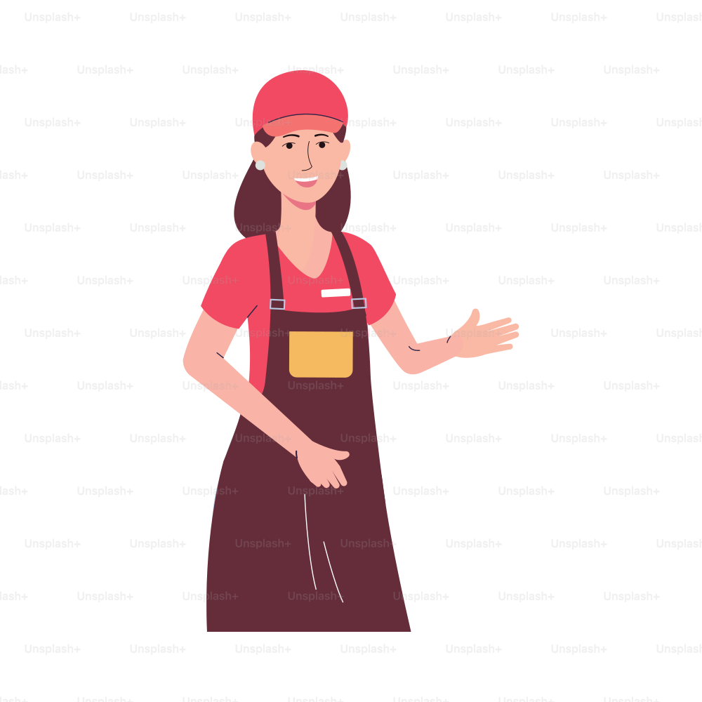 Portrait of female worker of fast food restaurant. Service staff, smiling young woman in red uniform and apron. Flat vector illustration isolated on white background.