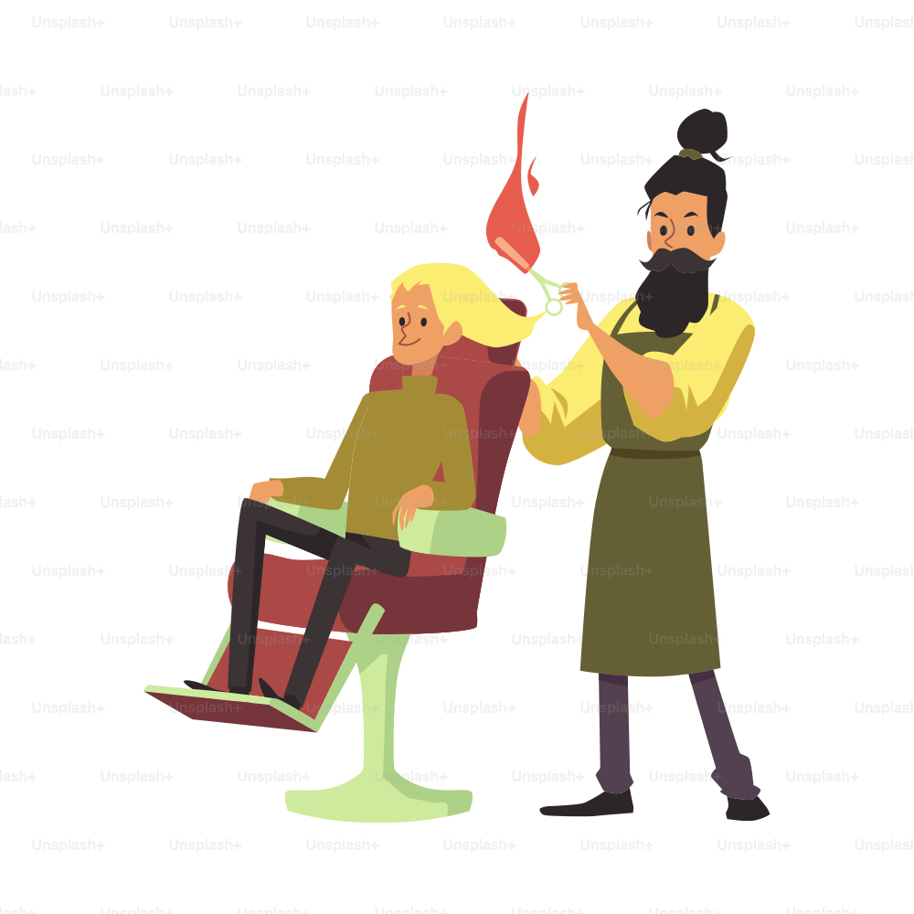 Cabeleireiro com tesoura flamejante e cliente sentado na cadeira. Corte de cabelo pelo fogo em barbearia ou salão de cabeleireiro. Ilustração vetorial isolada do desenho animado plano.