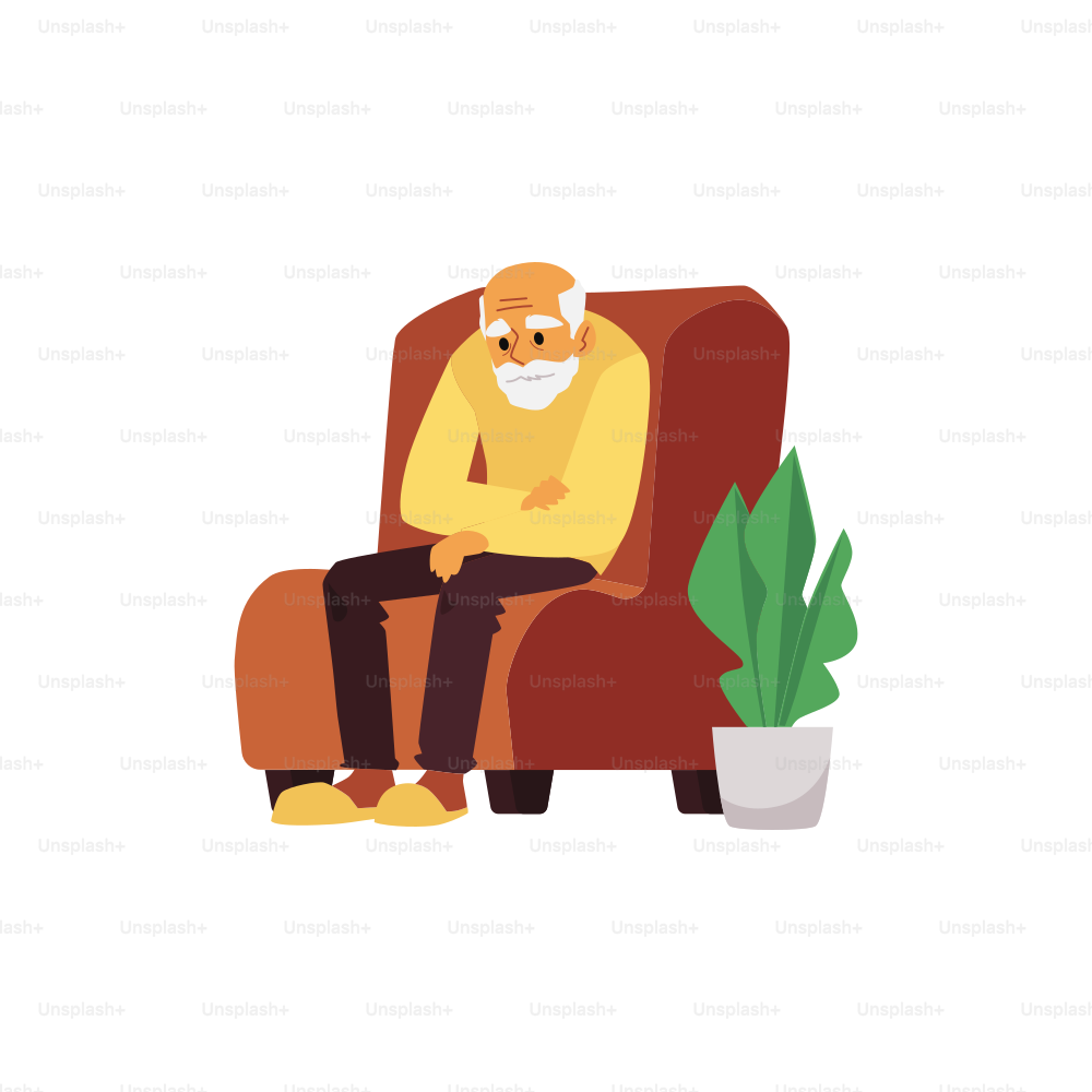 Tired elderly man resting in chair, flat vector illustration isolated on white background. Aging and lack of energy in old age, health problems of seniors.