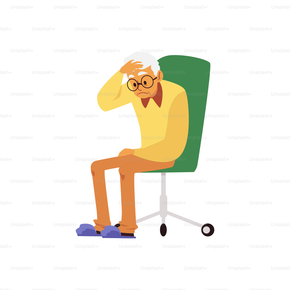 Tired old man with headache sit on chair. Elderly exhausted male person. Flat cartoon vector illustration isolated on white.