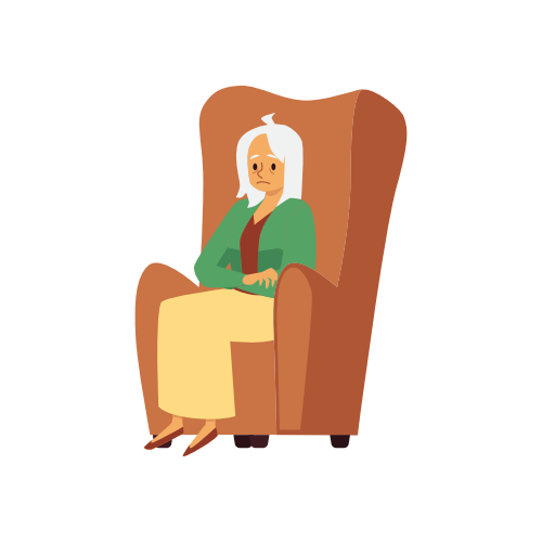 Mujer cansada y triste se sienta en el sillón. Anciana agotada persona femenina. Ilustración vectorial de dibujos animados plana aislada en blanco.