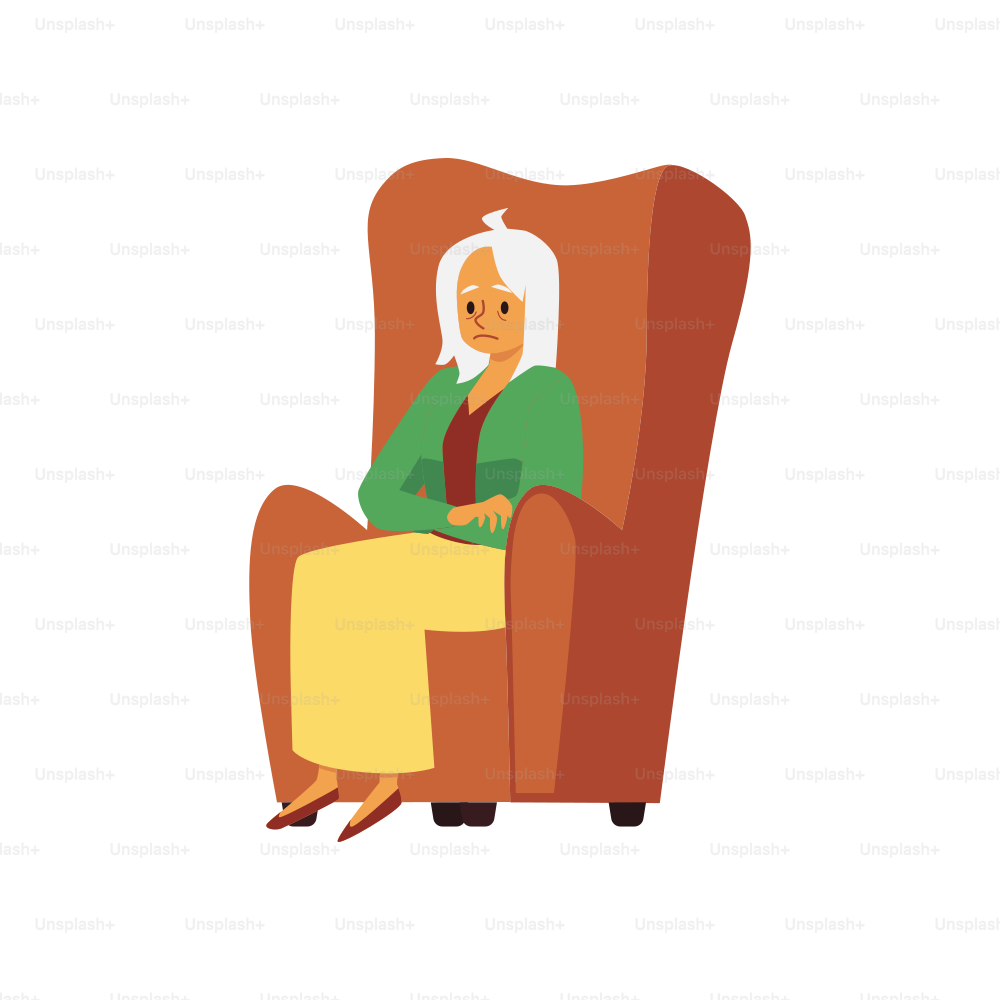 Tired sad aged woman sit in armchair. Elderly exhausted female person. Flat cartoon vector illustration isolated on white.