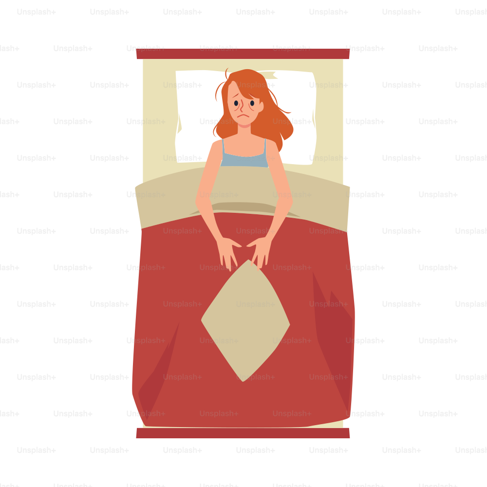 Young tired woman lying in bed suffers from insomnia, stress, depression or nightmare. Sleepless unhappy female character trying to fall asleep in night bedroom. Vector illustration