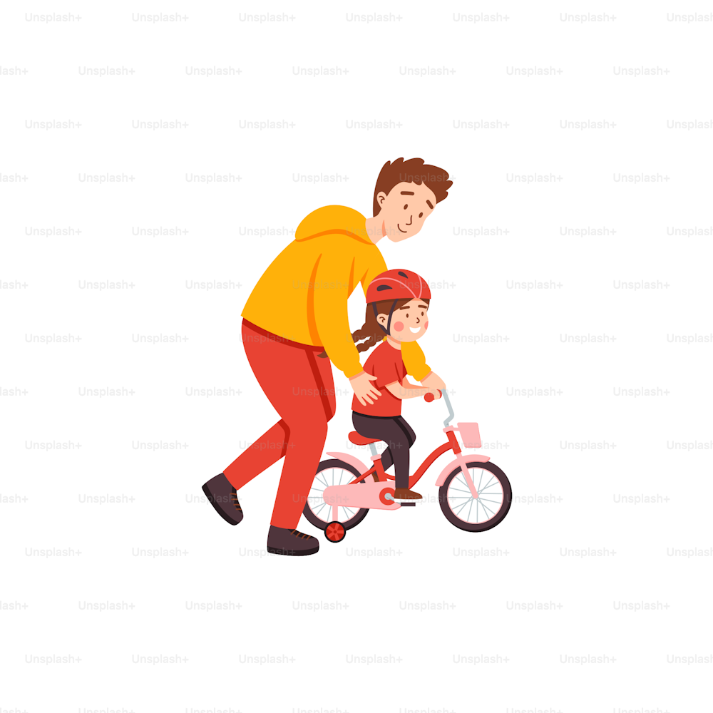 Father teaching his child how to ride a bike, flat vector illustration isolated on white background. Little child learning to ride bicycle with support of father.