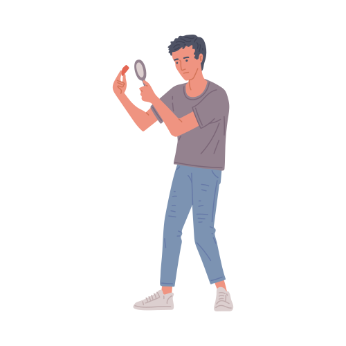 虫眼鏡を持つ男性は、白い背景に見つかった証拠や手がかり、平らなベクターイラストを調べます。クエストゲームまたは脱出部屋の参加者。