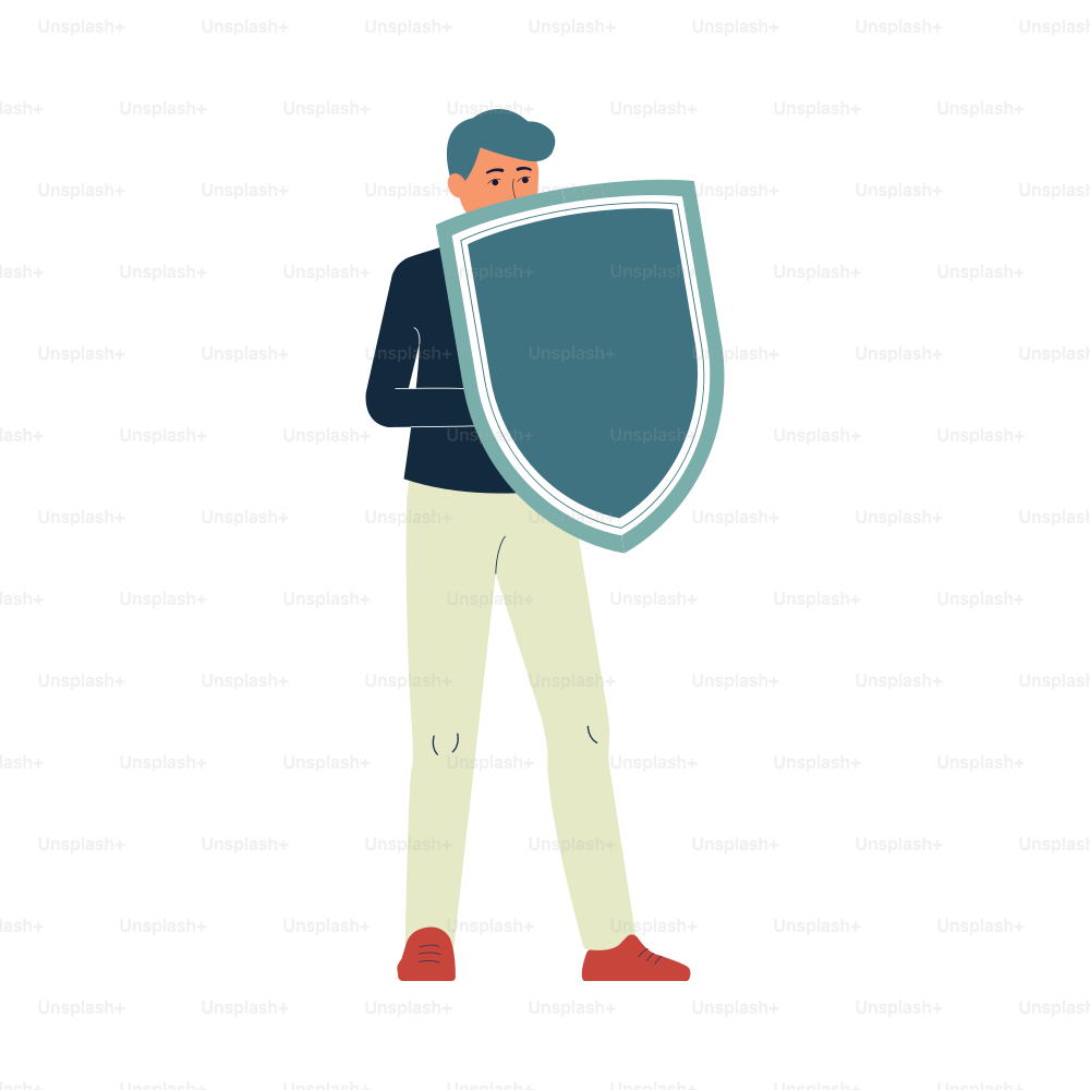 Young man standing full length and holding shield, flat vector illustration isolated on white background. Protection, defence and security business metaphor.