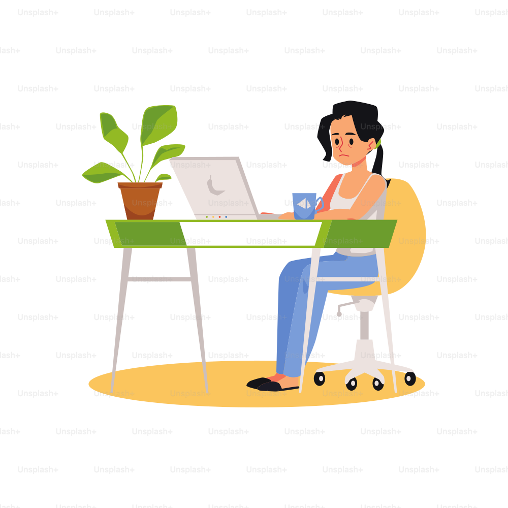 Young woman tired and stressed on work, flat vector illustration isolated on white background. A working mom or a woman in a freelance job feels burnout.