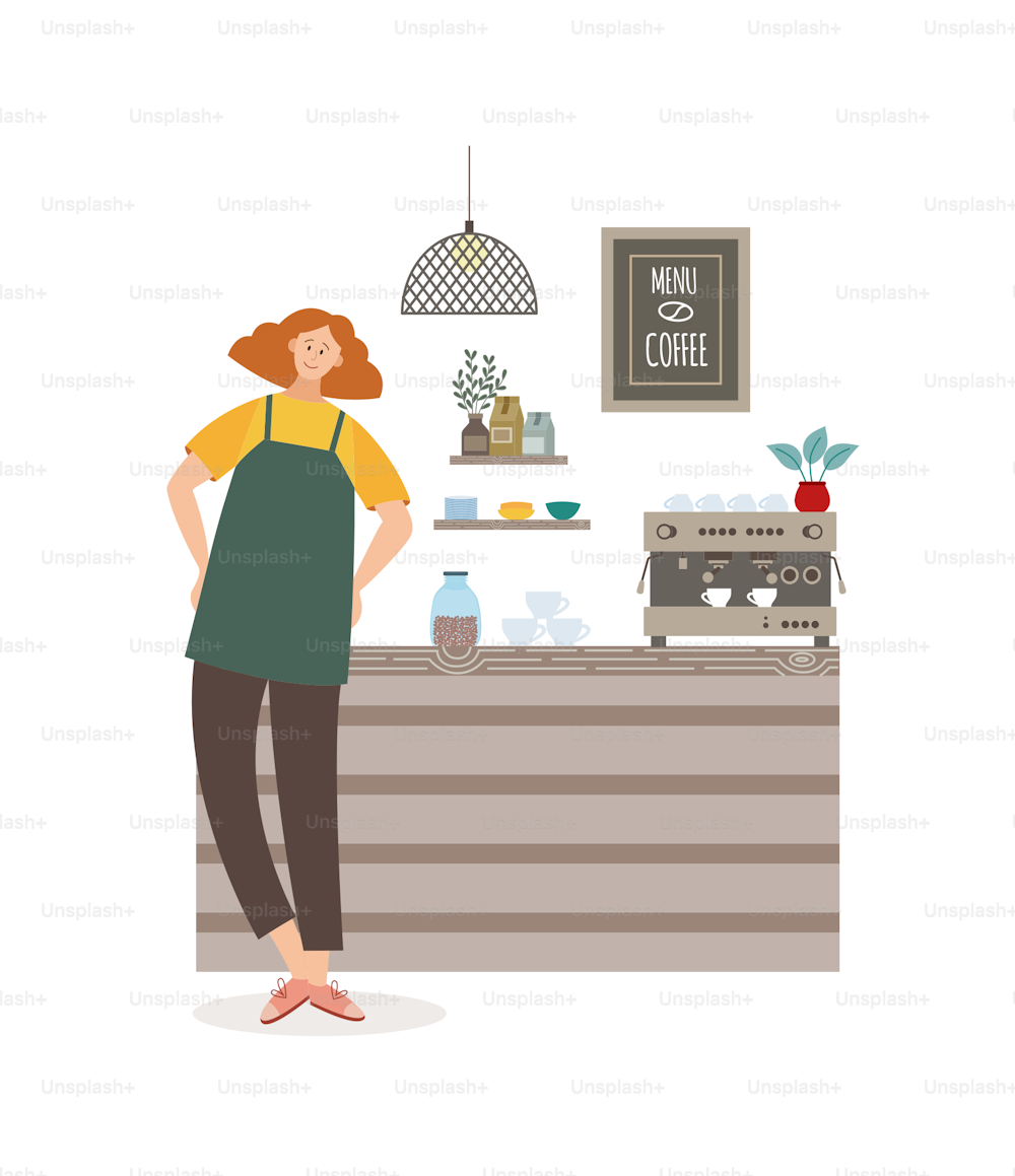 Cameriera del caffè in grembiule in piedi vicino al bancone del barista, illustrazione vettoriale piatta isolata su sfondo bianco. Personale della caffetteria o della caffetteria sul posto di lavoro.