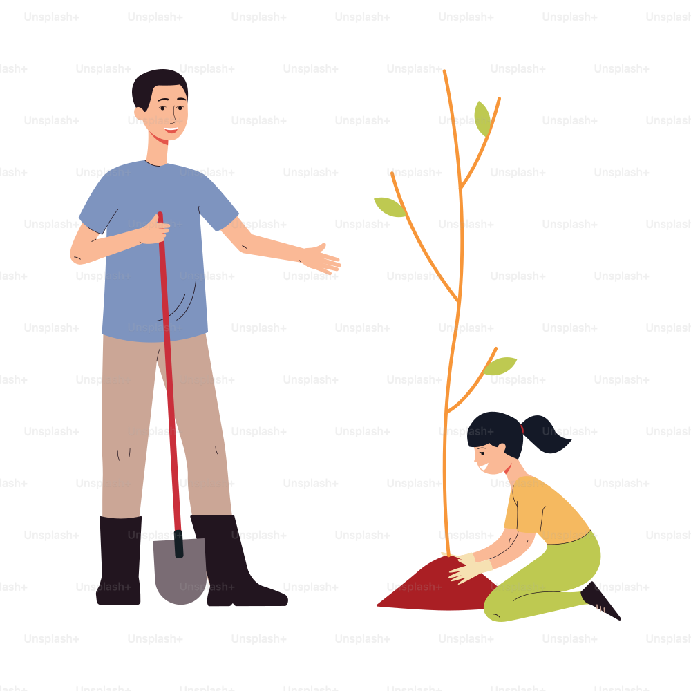 Glückliche Bauernfamilie, Vater und Tochter pflanzen einen Baum im Garten. Kind und Elternteil beschäftigen sich gemeinsam mit Gartenarbeit. Flache Vektorillustration isoliert auf weißem Hintergrund.