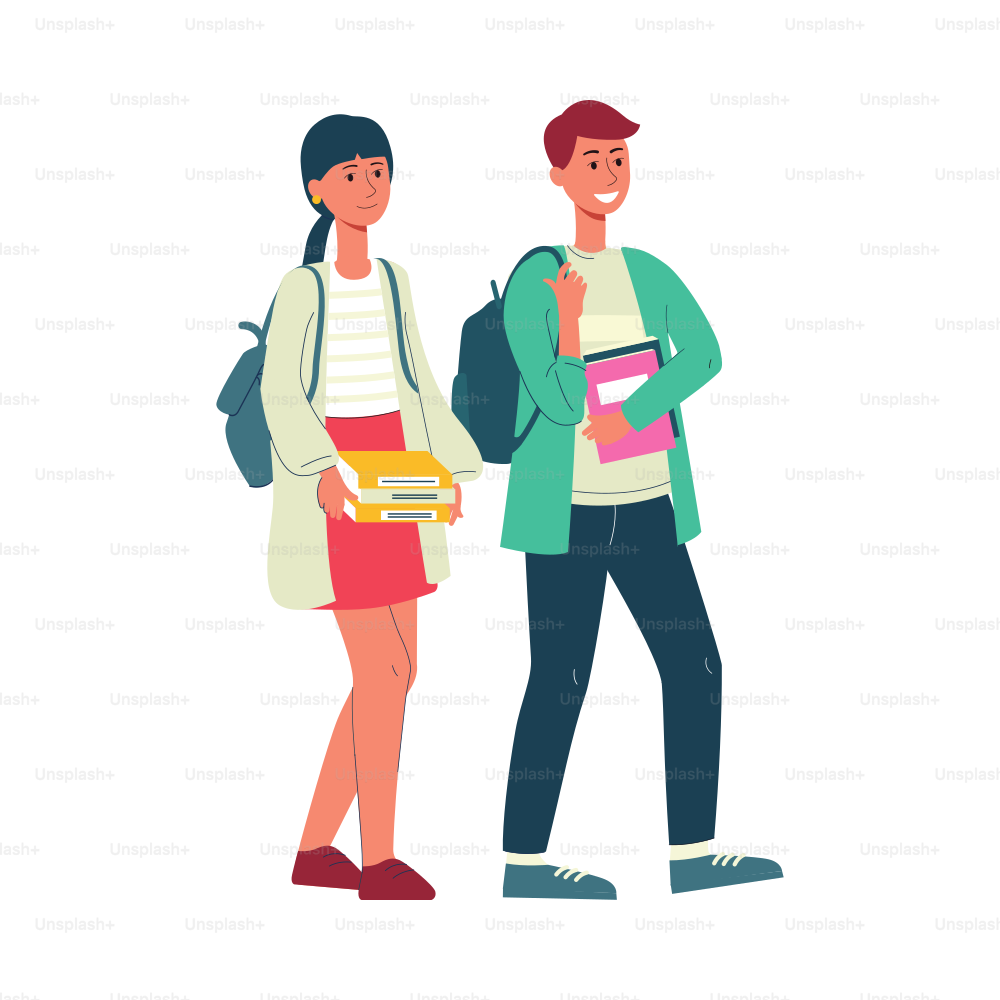Girl and boy students cartoon characters, flat vector illustration isolated on white background. College or university students with backpacks and books.