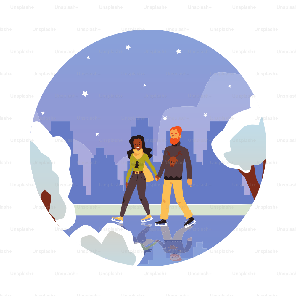 CIrcle banner with young loving couple skating on the ice rink, flat vector illustration isolated on white background. Young active people on winter Christmas holidays.