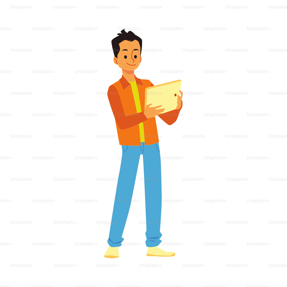 Young man standing using tablet, flat vector illustration isolated on white background. Remote work and online news concept. Guy with tablet computer.