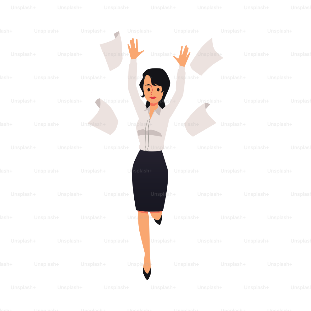 Cheerful business woman or company executive jumping for joy, flat vector illustration isolated on white background. Cartoon character of woman building career.