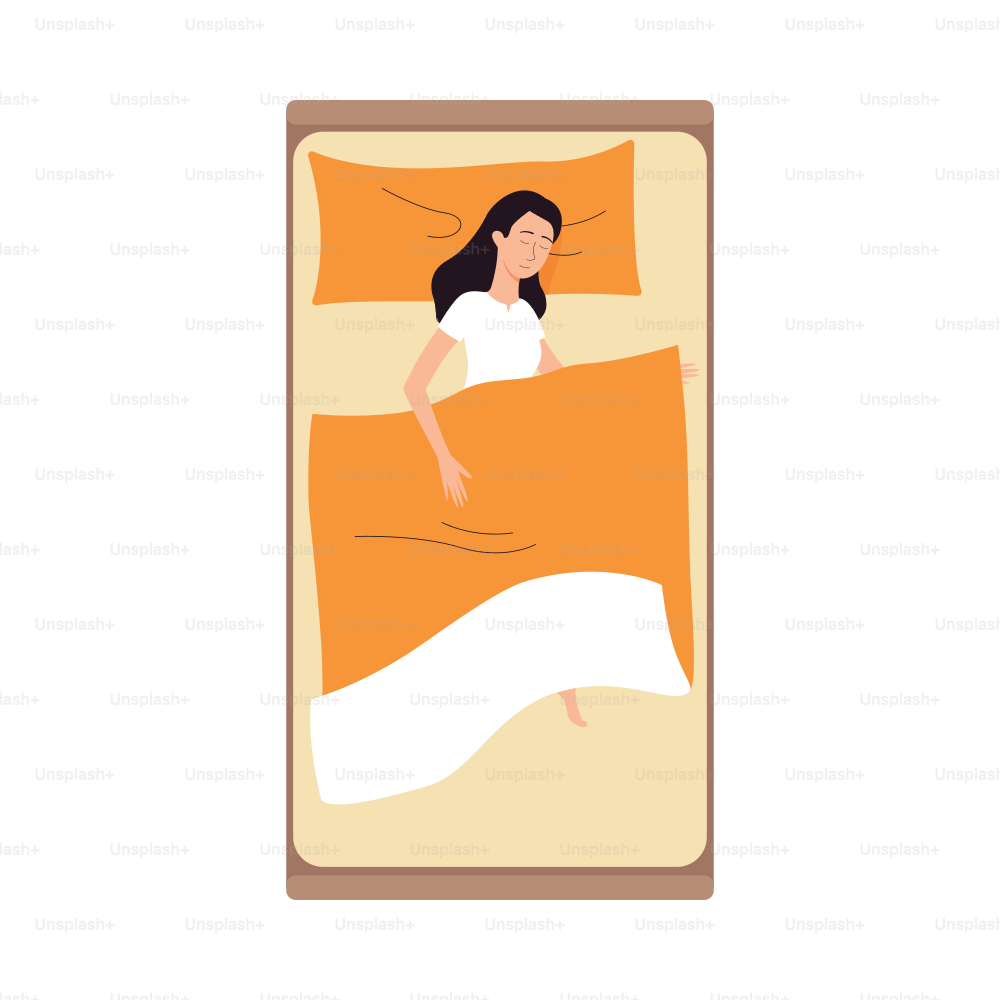Vista superior sobre la mujer joven superar el insomnio dormir en la cama sobre la almohada debajo de la manta. Chica relajarse en el dormitorio durante el sueño nocturno de salud. Ilustración vectorial plana aislada sobre blanco.