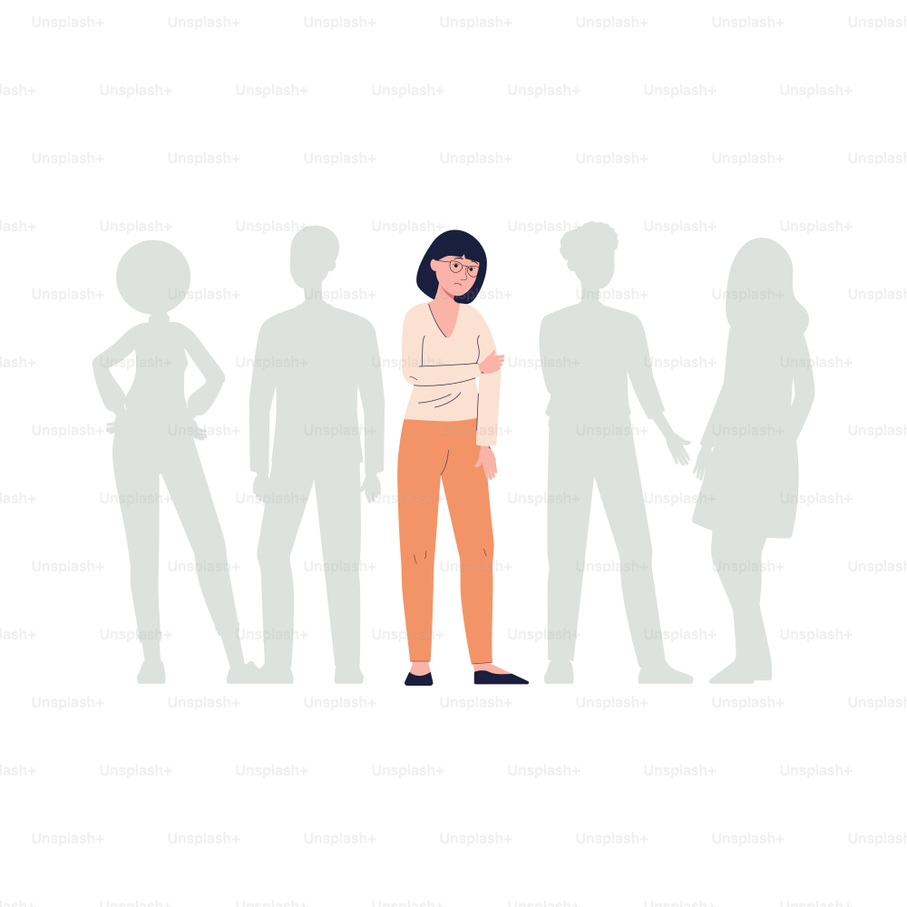 Sad unhappy young woman feeling loneliness in crowd people. Alone girl in stress, depression and sadness need in psychological help. Flat cartoon vector isolated illustration.