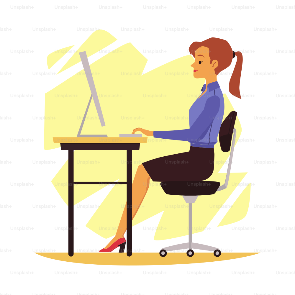 Office syndrome prevention. Girl sitting correctly posture at desk. Ergonomics workplace, healthcare of employees. Flat cartoon vector illustration isolated on a white background