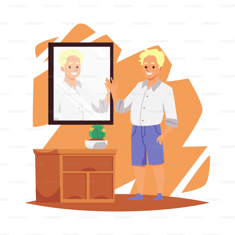 Young man cartoon character looking at mirror, flat vector illustration isolated on white background. Confident man having feeling of self-acceptance and self-assurance.