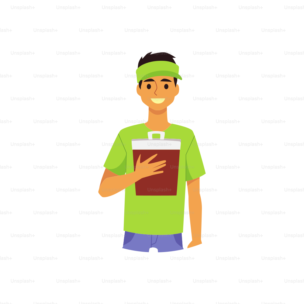 Männlicher Charakter eines Fast-Food-Arbeiters mit Menü-Zwischenablage in den Händen, flache Vektorillustration isoliert auf weißem Hintergrund. Charakter eines Restaurantangestellten im Uniformhemd.