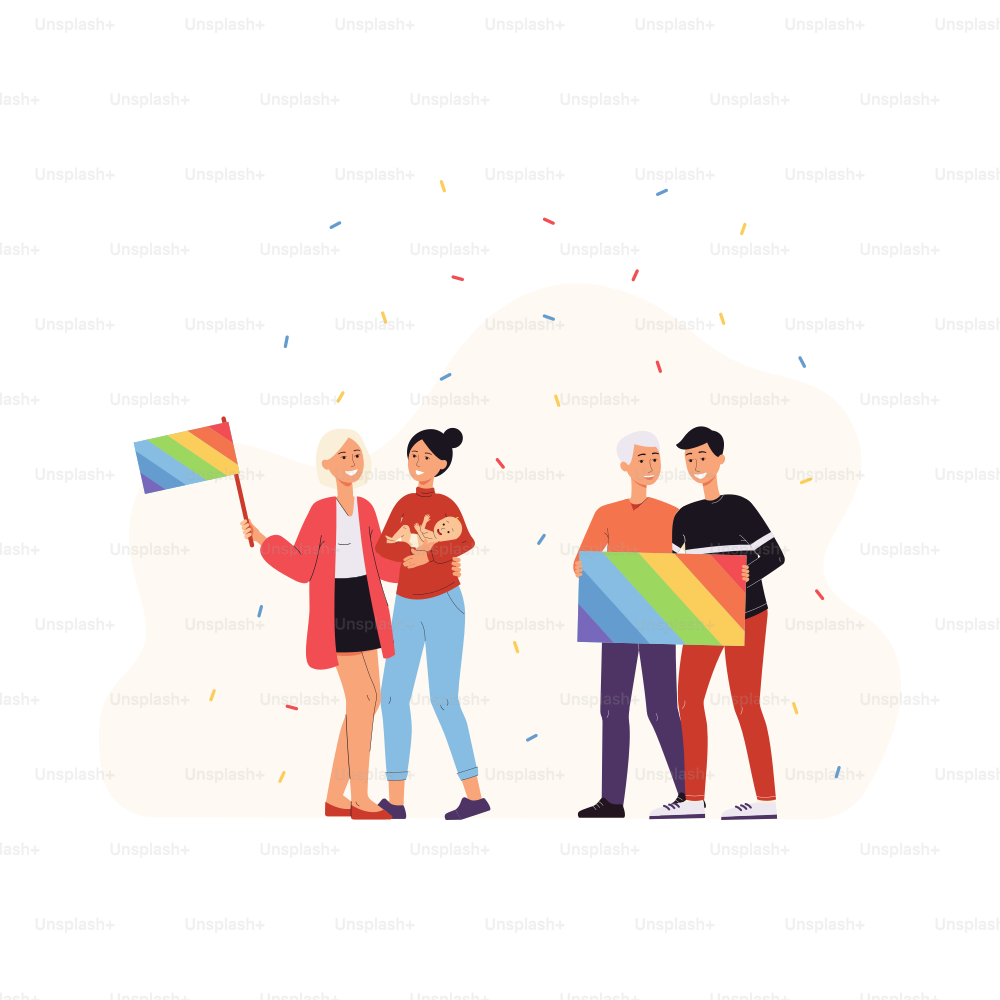 Gay and lesbian couples holding LGBT Pride rainbow flag - cartoon family with baby and people in love standing with homosexual pride symbol, vector illustration.