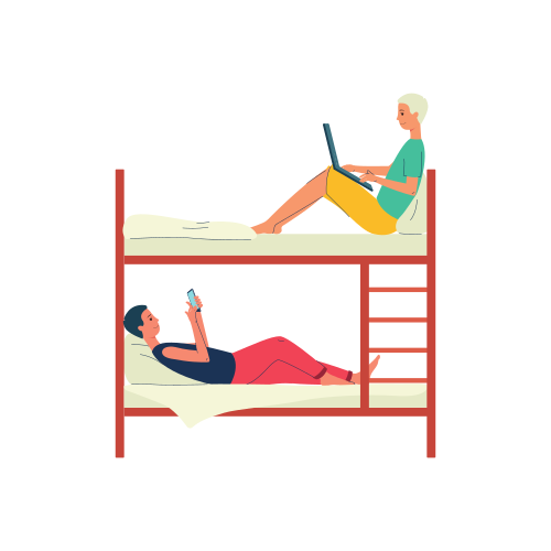 Young people cartoon characters in a comfortable bunk bed in a hostel, flat vector illustration isolated on white background. Hostel or campus dorm accommodation scene.