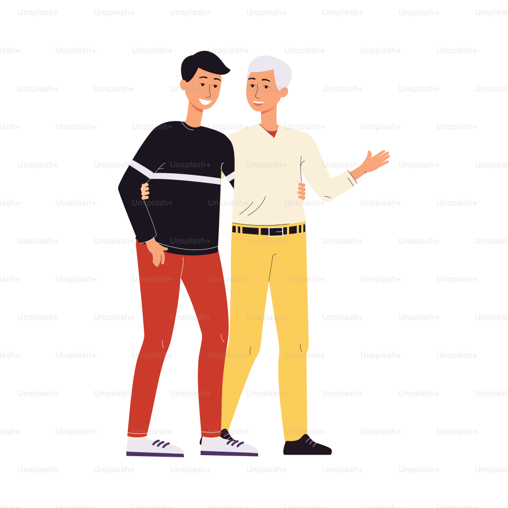 lgbt couple, adult young men who have entered into a gay same sex relationship. Happy hugging pair of homosexual, non-traditional modern family. Flat vector isolated illustration