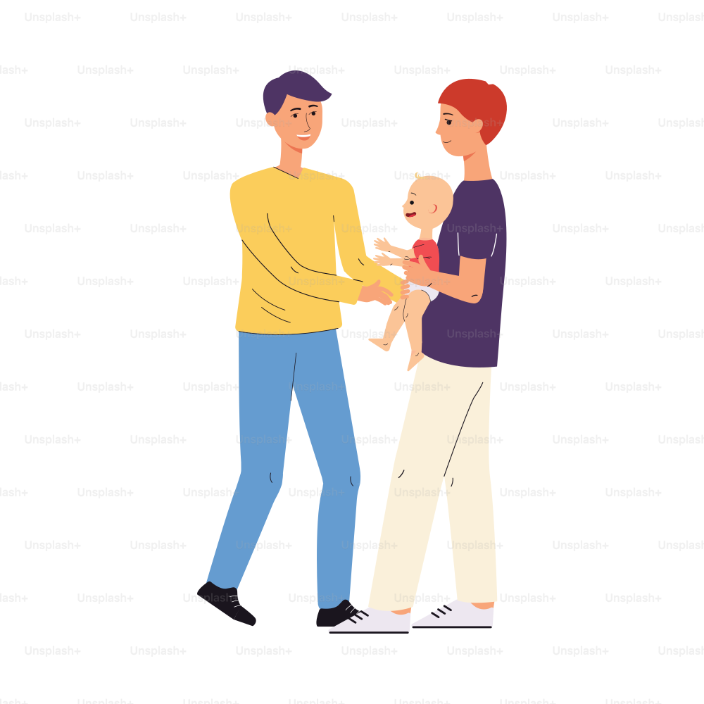 Homosexual or gay married couple with child, flat vector illustration on white background. Concept of people of the same sex create a family and raise a child.