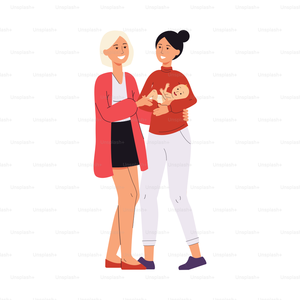Lesbische Familie mit Baby, Cartoon-Vektorillustration isoliert auf weißem Hintergrund. Zeichentrickfiguren zweier lesbischer gleichgeschlechtlicher Mütter ziehen ein Kind groß.