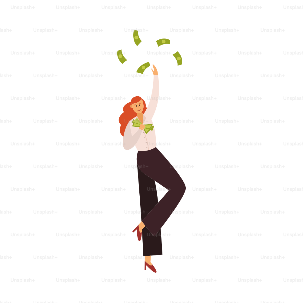 Concetto di successo finanziario o premio in denaro vincente la donna d'affari felice che tiene banconote, illustrazione vettoriale piatta isolata su sfondo bianco.