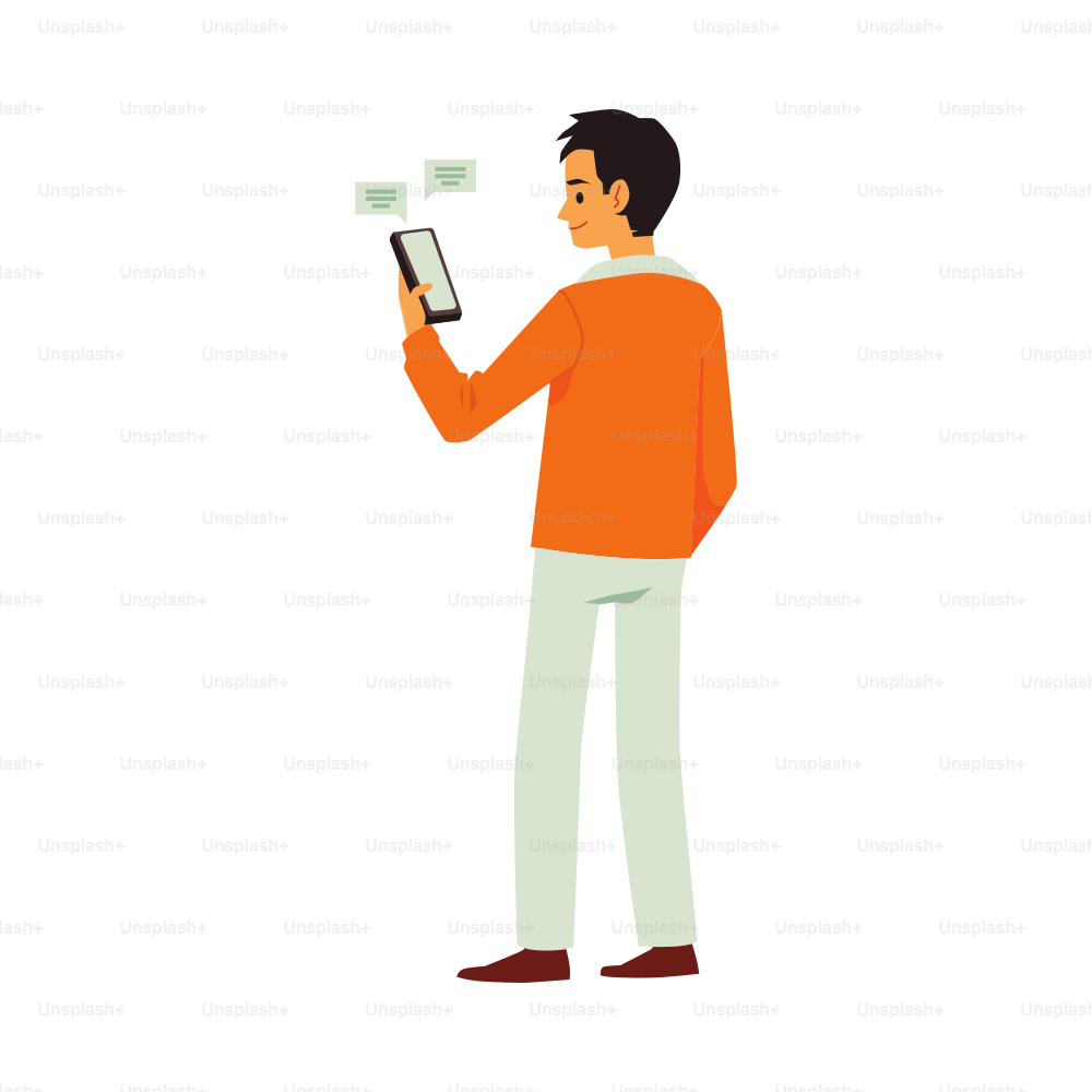Young modern man character standing with his back with a mobile phone in hands, flat vector illustration isolated on white background. Person sending messages to chat.
