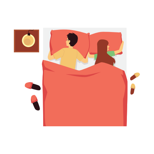 Posizione di sonno a pancia in giù. Vista dall'alto dietro di una coppia di donna e uomo che dormono sul cuscino sotto la coperta nel letto. Posa notturna per riposare durante la notte assonnata. Illustrazione vettoriale