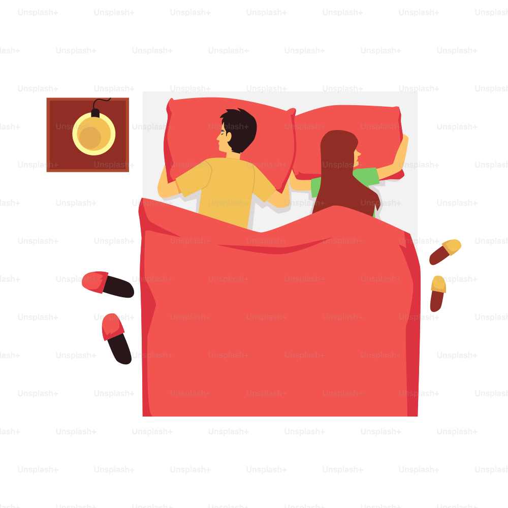 Sleep position on stomach. Top view on back rear of couple woman and man who sleeping on pillow under blanket in bed. Night pose for rest during night sleepy. Vector illustration