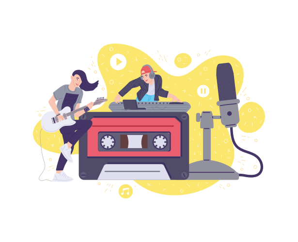 Musikstreaming-Banner oder Cover mit Musikerfiguren, flache Vektorillustration isoliert auf weißem Hintergrund. Musik-Online-Streaming-Kanal.